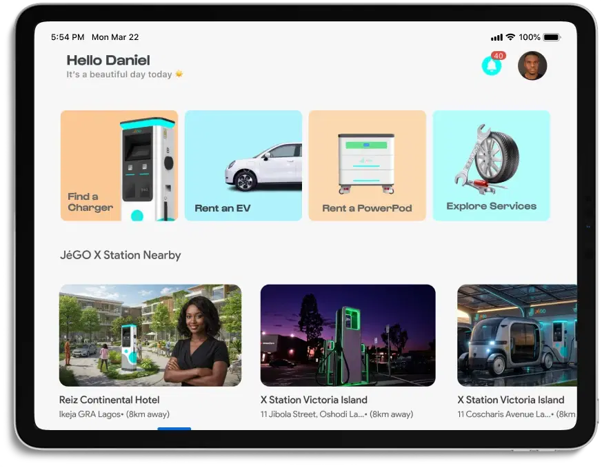 The JéGO X app home screen shown on a tablet